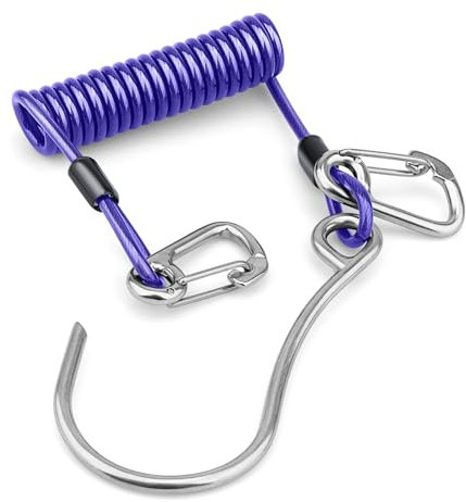 OVOVFANY Taucher-Riffhaken, 316 Edelstahl, Einzel-Riff-Drift-Haken mit SS-Federspule, einziehbarem Schlüsselband und doppelten Schnapp-Clips, einfach an BCD zu befestigen, für Tauchhöhlensicherheit