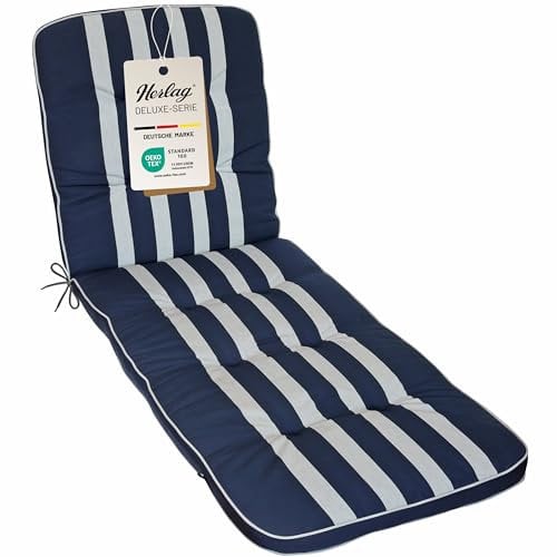 Herlag Liegenauflage Tilly 200x65x7cm | Liegestuhl-Auflage Blockstreifen 7cm | Liegepolster für Gartenliege | Gartenmöbelauflage Liege Deluxe-Serie | Atmungsaktiv | Öko Tex 100 | Blau-Gestreift
