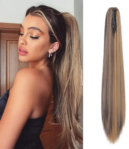 Cybelleza Ponytail Extensions Zopf Pferdeschwanz Haarteil Glatt Lang 55cm Claw Clip in Haarverlängerung Kunsthaare Synthetik Haarverlängerung Zopf Extension für Frauen, Dunkelblond & Mittel braun