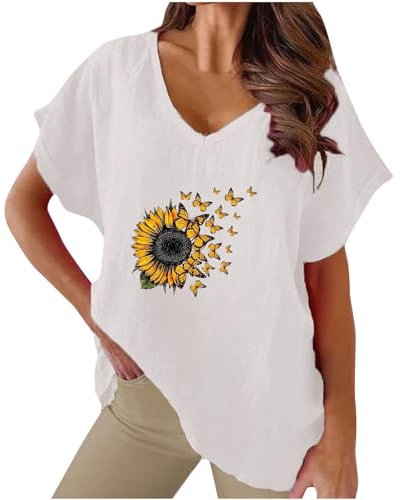 KOG Sale Angebote Damen T-Shirts Casual Leinenshirt Bluse Basic Kurzarm Oberteil Frau T-Shirt Lässig Einfarbige Oberteile Teenager Rundhals Slim Fit Shirt Meine Bestellungen Anzeigen Weiß XXL