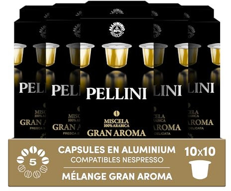 Pellini Gran Aroma 100% Arabica, 100 Capsules en Aluminium compatibles Nespresso, Café Arabica 100% délicat avec notes florales et d'amande amère, 10 paquets de 10 capsules