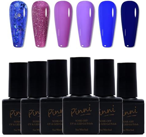 6 Colors Blue Purple Series Gel Nail Polish Kit-Glitter Sparkle Purple Diamond Blue Navy Blue Sapphire Blue- Soak-Off UV/LED Nail Polish Gel for Home Salon DIY Nail Art, 5ML