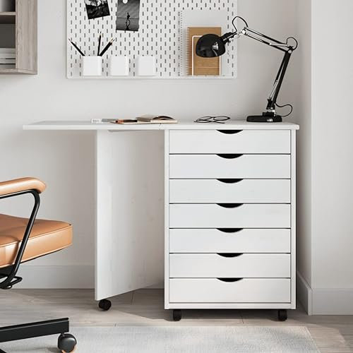 KLYEON Rollschrank mit Schreibtisch Moss Weiß Massivholz Kiefer,Modern Schreibtisch mit Rollcontainer Klappbar und viel Stauraum für Büro und Homeoffice Aufbewahrungsschränke & Schließfächer