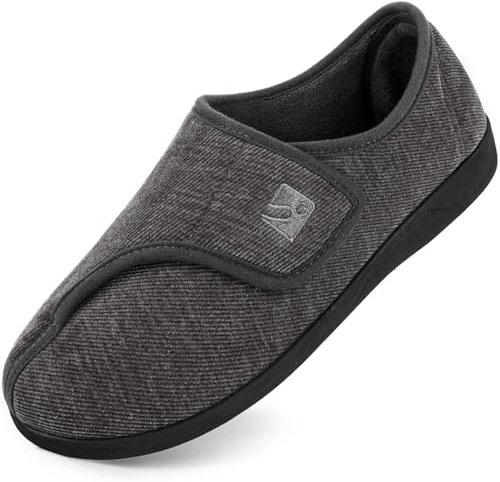 HomeTop Men's Adjustable Chenille Slippers Wide Fit Soft Comfy Non Slip Indoor House Shoes Charcoal Grey, 8 UK,9 US