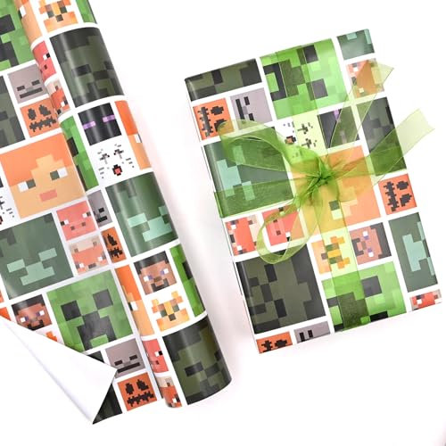 5PCS Gaming Wrapping Papers Rolls, 43x100cm Birthday Present Paper Gaming Wrapping Paper for Kid Christmas Halloween (Green)