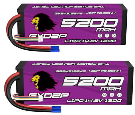 GXDZP 4S LiPo Battery 14.8V 5200mAh 120C EC5 Plug 2 Pack Hard Case Rechargeable RC Battery for 1/10 1/8 Scale RC Car Truck Buggy Truggy Monster Truck Short Course Racing Crawler Basher High Discharge