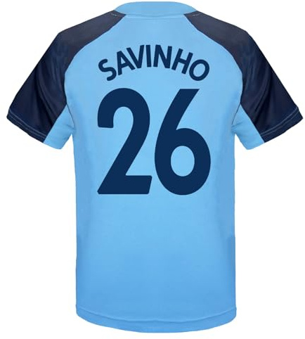 MANCHESTER CITY FC Boys Savinho 26 Poly T-Shirt Sky Blue 12-13 Years