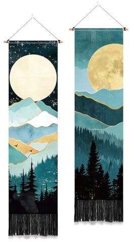PLIGREAT 2er Pack Mond Berge Wandteppich, Wald Baum lange vertikale Wandteppich Wandbehang Sternennachthimmel Wandteppich ästhetische Natur Landschaft Quasten Wandteppich für Wohnzimmer