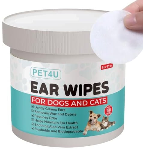 PET4U Cat & Dog Ear Wipes - 120 Biodegradable & Flushable Pads - Deep Cleansing, Removes Wax & Odour - Aloe Vera & Castor Oil for Soothing Relief - Safe for Puppies, Kittens & Sensitive Ears