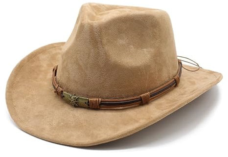 HIQIU Unisex Breite Krempe Panama Westernhut Wildleder Cowboyhut Ethnischer Stil Cowgirl-Hut mit Seildekoration für Damen und Herren (DE/NL/SE/PL, Alphanumerisch, Einheitsgröße, M, B1# Kamel)