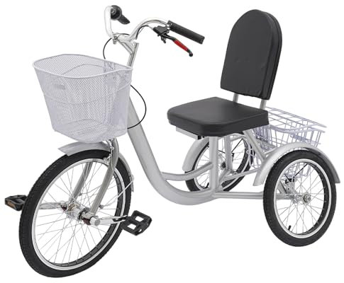 Fridgestea 20 Zoll Dreirad für Erwachsene, 3 Räder Fahrrad mit 20'' Vorderrad, 16'' Hinterrad, Seniorendreirad mit Zwei Körben, Klingel, Rückenlehne für Senioren Damen Herren (Silber)