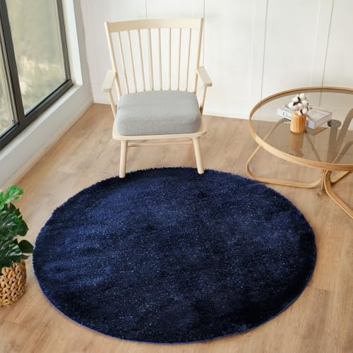 Livabliss Claire Shaggy Rug, Living Room, Bedroom – 120x120 cm, Navy & Blue