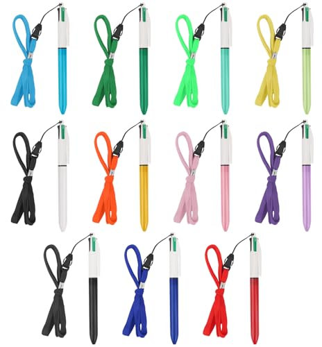 MOTIBACK 11 Stück 4 Farben Kugelschreiber, 4 In 1 Mehrfarbiger Kugelschreiber mit Seil 1,0 mm für Büro-Schulbedarf, Schüler, Kinder, Geschenk (Mehrfarbig)