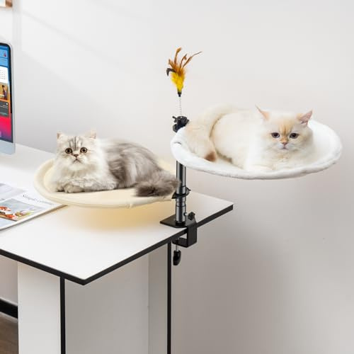 Uross Katzenbett für Schreibtisch - 360° drehbar & höhenverstellbar, weiches Katzenhängematte mit 2 waschbaren Bezügen Katzenschlafplatz für Homeoffice - Ganzjahresnutzung (Beige)