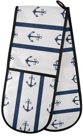 Quteprint Navy Nautical Anchor Stripes Washable Double Oven Mitts, Heat Resistant Quilted Kitchen Oven Gloves Extra Long Potholder 7 x 35 for Cooking Baking Microwave Grilling Barbecue