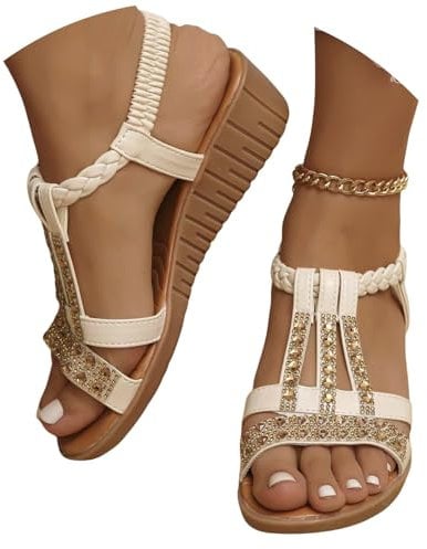 outlet clearance Womens Sandals Wide Fit Comfortable Slip on Wedge Shoes Casual Open Toe Orthopedic Slide Lightweight Summer Cushion Plantar Fasciitis leather sandals for women size 6 Beige 6