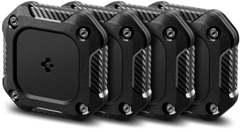 Spigen Tough Armor IP 4 Stück wasserdichte Hülle Kompatibel mit AirTag 2/1 (2026/2021) Kratzfest Case mit Doppelseitiges Klebeband für Alle Outdoor Aktivitäten - Schwarz