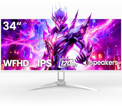 CRUA 34 Inch 120Hz 21:9 WFHD 2560 x 1080 IPS Ultra Wide Gaming Monitor with Built-in Speakers, Supports AMD FreeSync, 120% sRGB, DP1.4 and HDMI1.4, Wall Installation, White