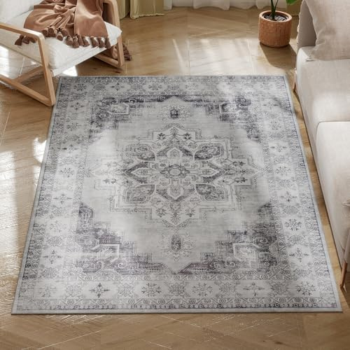 HOMCOM Vintage Area Rug Flannel Non-Slip Washable Rug 170 x 120 cm Grey | Floor Carpet, Living Room, Bedroom, Dining Room, Home Office