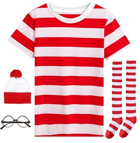 SSKHE Costume d'Halloween pour la journée mondiale du livre, accessoire de jeu de rôle, ensemble de costume de fête avec t-shirt rouge/blanc, chapeau bob, lunettes sans cadre, chaussettes (L)
