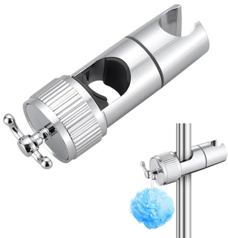 Adjustable Shower Head Holder with 2 Hooks,Shower Holder Bracket,No-Drill Universal Holder Bracket, Shower Head Accessories for 16-28mm Slide Rod Shower Slider Rail Clamp Shower Holder Replacement