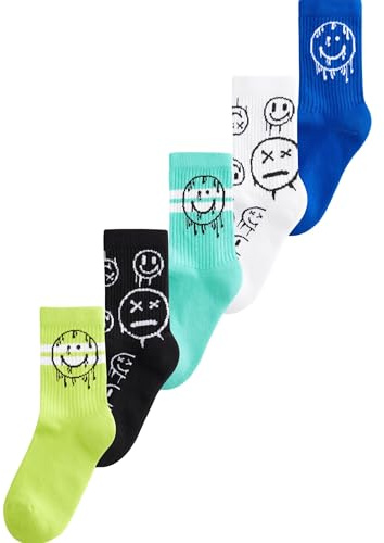 NEXT Jungen Socken mit gepolstertem Fußbett, 5er-Pack Blue/Green Graffiti Smile 37-40