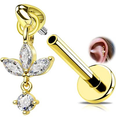 OUFER 16G Gold Innengewinde Lotus Helix Ohrring 316L Chirurgenstahl, CZ Marquise Anhänger Blume Labret Lippenstecker Tragus Piercing Schmuck 6/8 mm