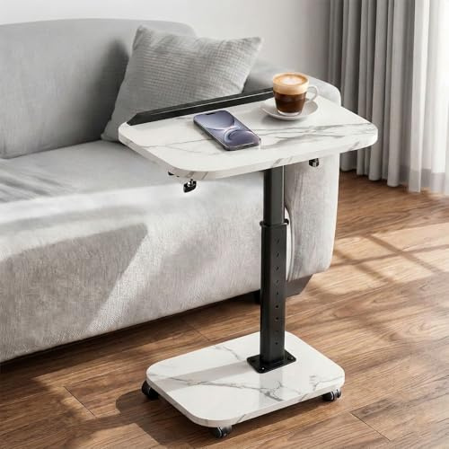 C Shaped Side Table, Sofa TV Tray Tables Adjustable Height & 180° Flip-Over Panel, End Table with Phone/Tablet Slot & 4 Castor Wheels,Couch Tables for Small Spaces/Living Room/Bedroom/Bed/Snack -White