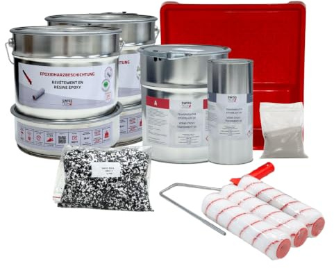 Baumax 2K Epoxidharz Set für bis zu 38 m² mit Top Coat Versiegelung | RAL 7001 – Silbergrau, 17,1 KG | Epoxidharzboden für Garage, Keller | Rutschfest, Chemikalienbeständig | SwissTech