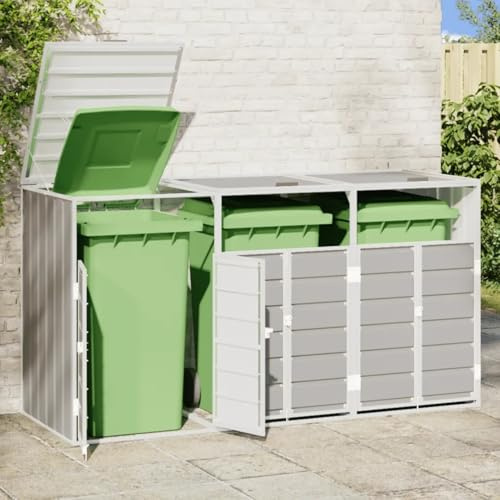 Mülltonnenbox für 3 Tonnen 216x81x115cm Stahl Grau, Wetterfest Mülltonnenverkleidung mit Belüftung, Erweiterbar Gartenschrank für 240L Mülltonnen, Pulverbeschichtet