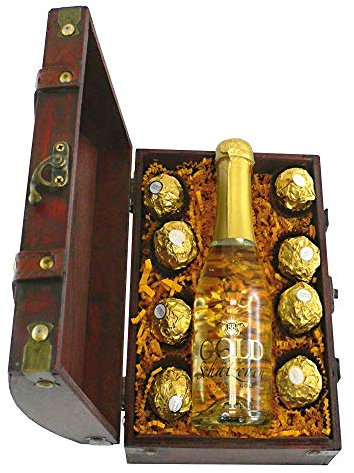 Monsterzeug Schatztruhe mit Sekt und Schokolade, Goldtruhe mit Piccolo und Süßem, Edle Holztruhe gefüllt mit Goldflocken, Sektflasche und Süßigkeiten, Geschenkset 12 Schokotaler und Schaumwein