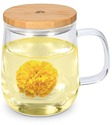 Navaris Tea Mug with Infuser and Bamboo Lid - 500ml Borosilicate Glass Tea Cup with Glass Strainer for Brewing Loose Leaf Tea in Home or Office
