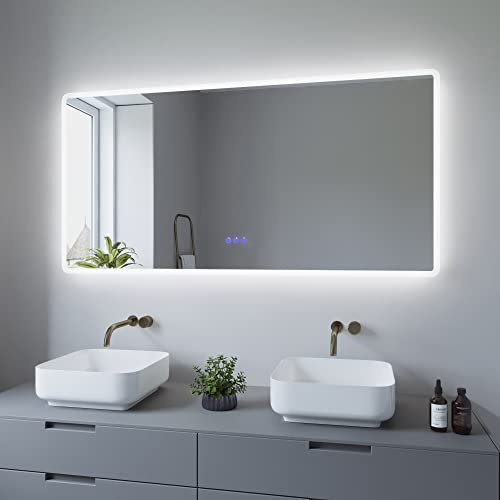 AQUABATOS 140x70 cm Badspiegel mit Beleuchtung Badezimmerspiegel Lichtspiegel LED Wandspiegel Energiesparend. Touch-Schalter Dimmbar + Kaltweiß 6400K + Warmweiß 3000K + Spiegelheizung + IP44 + CE