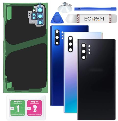 Eonpam Akkudeckel für Samsung Galaxy Note 10+ Plus N975 Rückseite Glas Original Backcover Back Glas Ersatz Reparatur Set mit Kameraobjektiv (Schwarz)