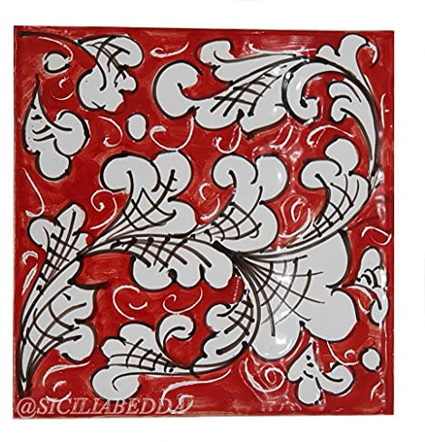 Sicilia Bedda - PIASTRELLA IN CERAMICA SICILIANA - Realizzata e Dipinta a Mano - 15 x 15 x 0.8 CM (Maiolica Bianco Rosso)