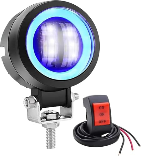 Biqing 2PCS Feux Additionnels Moto avec Bleu Angel Eye,Ronde de 3 Pouces 20W Phare LED Avant 12V/24V Phare de Travail Brouillard Feux de Jour de Motos DRL Avec Interrupteur Moto 22mm