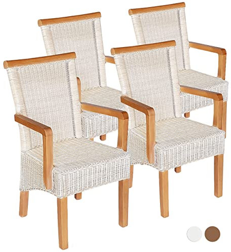 kreatives Wohnen Esszimmer Set mit Armlehnen 4 Stück Rattanstühle Stuhl weiß Perth ohne Sitzkissen, Holz, Extra breit