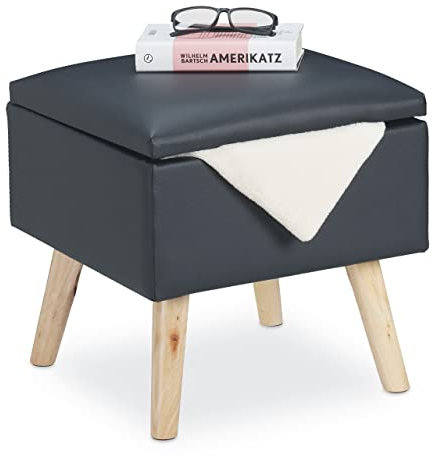 Relaxdays Taburete Bajo con Almacenamiento, Piel Sintética, Banqueta con Tapa, 40 x 40 x 40 cm, Acolchado, Gris Oscuro, Tablero de Fibras, 1 Unidad