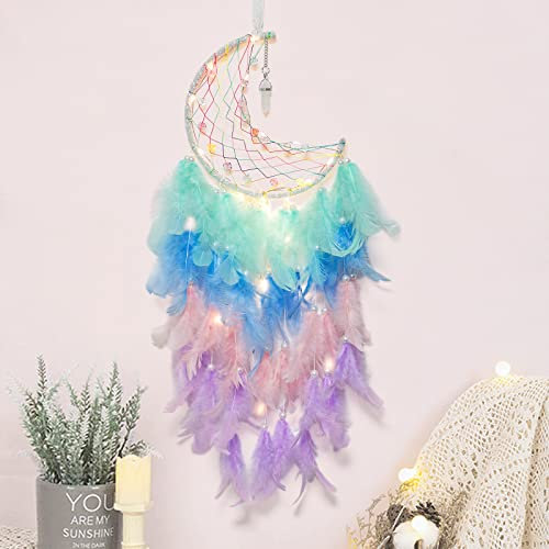 Dremisland Mond Traumfänger mit LED Licht Handgemachte Dreamcatcher Bastelset Traumfänger Kinder Bunte Feder Wandbehang Ornament für Zuhause Schlafzimmer Böhmen Dekoration Handwerk Geschenk