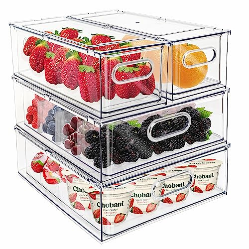 Mano Ausziehbare stapelbare Behälter mit Griff, transparente Kühlschrankschubladen, Organizer, Lebensmittelaufbewahrungsbox mit Trennwänden, Kunststoff, für Speisekammer, Schrank, Küche, Kleidung (4
