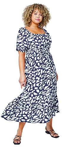 Roman Curve Printed Crinkle Shirred Midi Dress for Women UK - Ladies Everyday Holiday Spring Summer Square Neckline Comfy Soft Evening Vacation Work Party