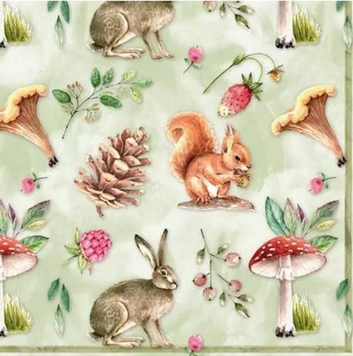 20 Servietten Fliegenpilz Zapfen Hase Eichhörnchen mit Setita Menükarte 33x33