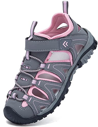 Dhinash Sandales Enfants Sandales de Marche Garçon Bout Fermé Sandale de Sport Fille Été Extérieur Sandale de Plage Randonnée Trekking Gris Rose Taille 29