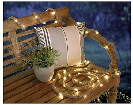 technik@all Corde décorative LED en chanvre avec guirlande lumineuse solaire et 100 LED blanc chaud, 8 m, lumière permanente et clignotante, livré avec panneau solaire et batterie
