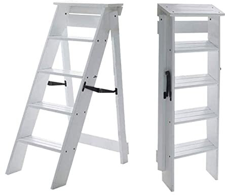 Weiße Klappleiter, Stuhlgestell, Holz-Tritthocker, für drinnen und draußen, multifunktional, beweglich, 5 Stufen, Leiter, Sicherheit, rutschfeste Trittleiter für Bibliothek, Küche, Büro