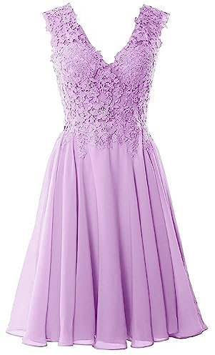 Beyonddress Damen Chiffon Abendkleider Elegant Kurz Spitze Brautjungfernkleider V-Ausschnitt Ballkleider Cocktailkleider(Lila,40)