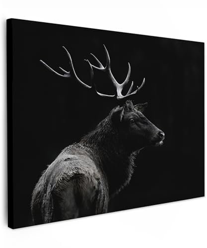 MuchoWow© Bild auf Leinwand 80x60 cm Schlafzimmer Bilder Wand Deko Wohnzimmer Modern Wanddeko Bilderwand Geschenk Hirsch - Rotwild - Reh - Schwarz - Porträt - Geweih - Tiere