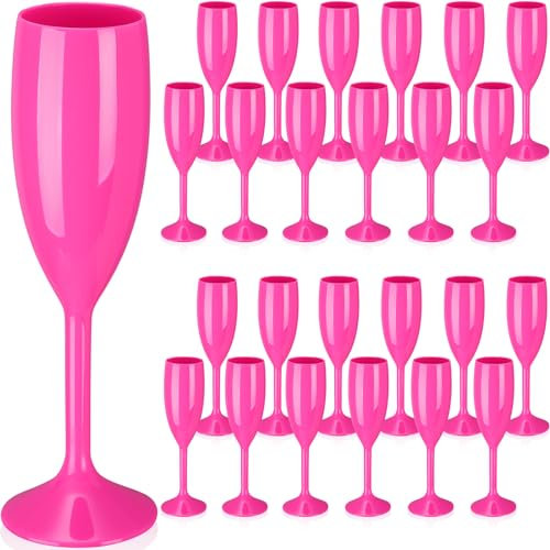 Maxcheck 24 Pcs Champagne Flutes Bulk Acrylic Toasting Drinking Flute Goblet Champagne Cups, 6 oz Plastic Wine Glasses for Wedding Birthday Party Wedding Bachelorette Anniversary (Hot Pink)