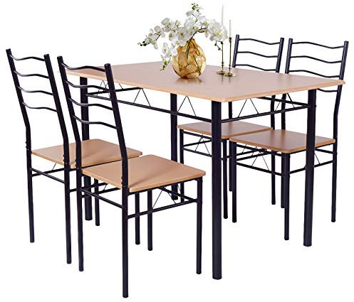 HOMASIS 5 teilige Essgruppe, Esstisch mit 4 Stühle aus Holz & Metall, Stuhl mit Rückenlehne, Esszimmerset Küchentischset Sitzgruppe für Küche, Esszimmer, Wohnzimmer, 120 x 70 x 75 cm (Buche)