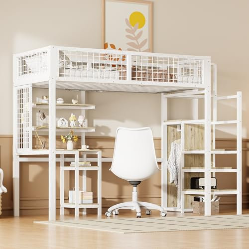 ZYLOYAL10 Cama alta 90 x 200 cm con escalera, cuna con marco de hierro y estante de almacenamiento, armario (blanco)